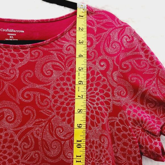 T-Shirt Red White Paisley Floral Pima Cotton Boho Bloomcore Cozy Casual Size XL - Picture 11 of 12